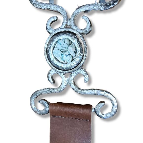 Leather Rock Vintage Western belt with Hammered Metal & Turquoise Stones Accents main image 4